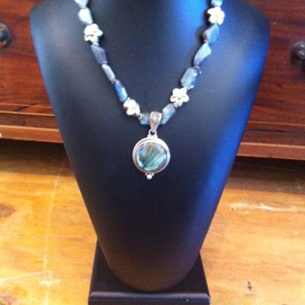 Labradorite Necklace . Balinese spacers and toggle clasp. Lovely 30mm pendant